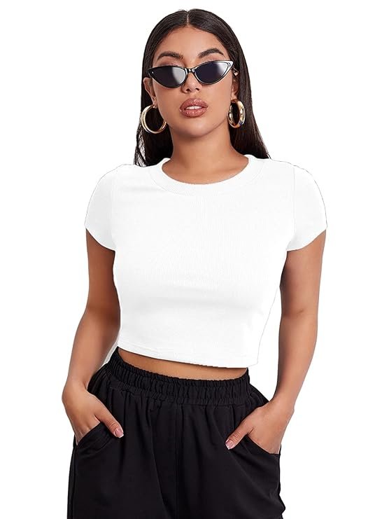 Solid Ribbed Slim Fit Baby Tee Crop Top for Women's & Girls'